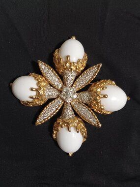 Vintage Jomaz Maltese Cross Milk Glass & Rhinestone Goldtone Brooch
